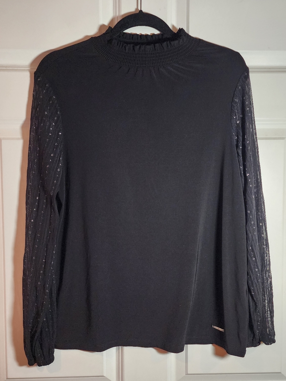 Ann Klein Black Stretchy Mock Neck Long Mesh Sleeves Blouse Medium